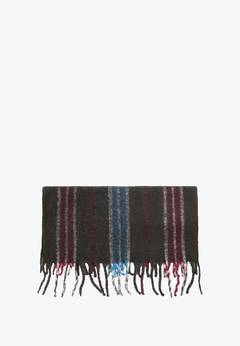 Bufanda de lana en gris oscuro con rayas rojas, azules y blancas. Presenta bordes con flecos y un acabado suave y texturizado.