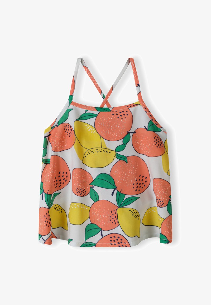Brezrokavni top iz lahkega belega blaga. Ima vzorec sadja z ilustracijami pomaranč in limon, zelenih listov ter prečnimi naramnicami.