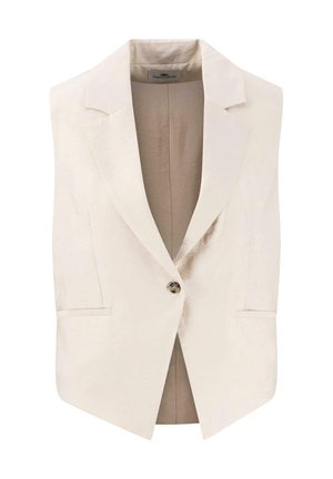 Blazer sans manches beige clair avec revers pointu, fermeture à un bouton, deux poches avant et une texture lisse, légèrement brillante.