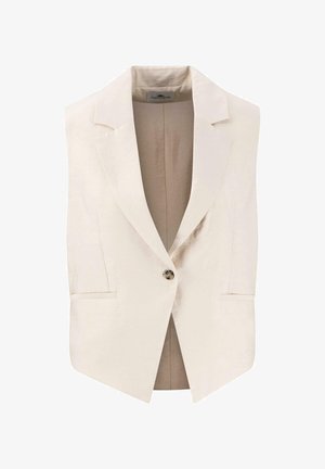 Világos bézs ujjatlan blézer, hegyes hajtókával, egysoros gombzárral, két elülső zsebbel és sima, kissé fényes textúrával.