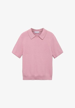 Růžový pletený top s krátkým rukávem a žebrovanou texturou, s klasickým límcem a rovný střih. Měkká tkanina s hladkým povrchem.