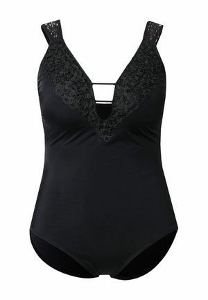 Sort badedragt med blonder og blomsterdetaljer langs dyb V-udskæring og dekorative stropper over brystet.