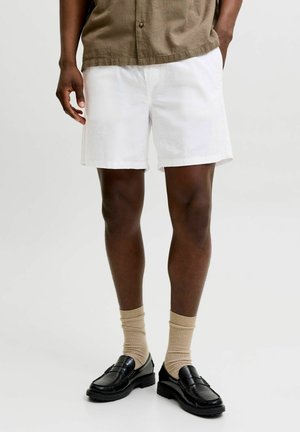 Mężczyzna w białych szortach, beżowych skarpetkach, czarnych mokasynach i brązowej koszuli stojący na jednolitym jasnym tle.