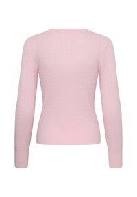 Pull rose clair en maille torsadée à manches longues, taille ajustée et encolure arrondie, vu de dos sur fond blanc.