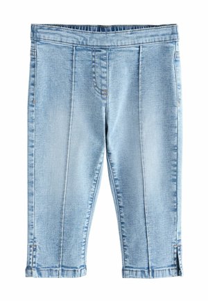 Pantalon capri en denim bleu clair avec taille élastique, détails des coutures devant et petites fentes à l'ourlet sur fond blanc.