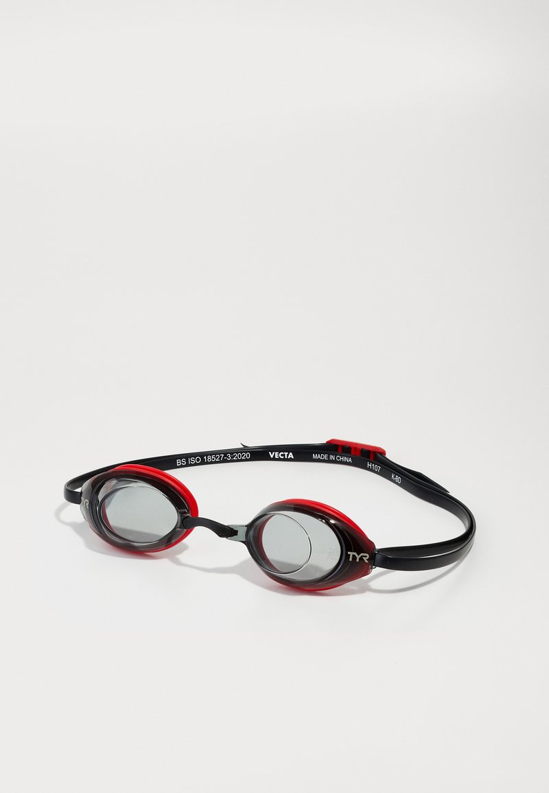 TYR swimming goggles featuring a black strap with red accents, clear lenses, and a streamlined design for a secure fit.