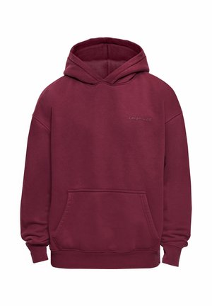 Sweat à capuche bordeaux avec poche kangourou à l'avant, poignets et ourlet côtelés, et petit logo "DROPSIZE" sur la poitrine.