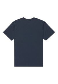 Námořnická modrá bavlněná trička, krátké rukávy, kulatý výstřih, jednoduchý design, hladká textura, bez vzorů a viditelných kovových prvků.