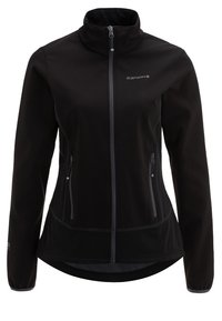 Chaqueta softshell negra con cuello alto, cremallera frontal completa, dos bolsillos laterales con cremallera y cintura ajustada.