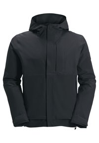 Veste noire imperméable avec capuche, dotée d'une fermeture éclair, de poignets élastiques et d'une texture lisse et légère.