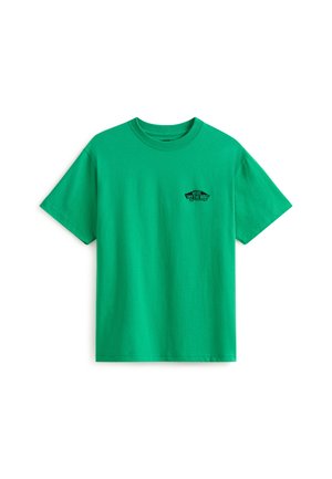 T-shirt en coton vert à col rond et manches courtes, avec un logo Vans noir imprimé sur le côté gauche de la poitrine.