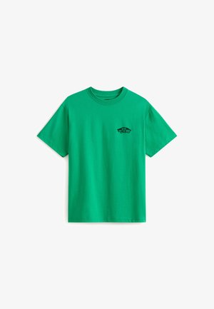 T-shirt en coton vert à col rond et manches courtes, avec un logo Vans noir imprimé sur le côté gauche de la poitrine.