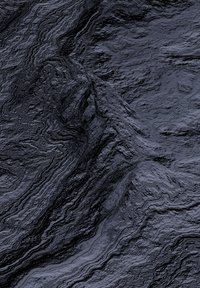 Donker zwarte lava textuur met golvende, gelaagde patronen en variërende oppervlaktes die een robuuste, driedimensionale uitstraling creëren.