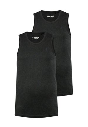 Twee zwarte tanktops voor mannen van zacht materiaal, met een ronde hals, mouwloos ontwerp en subtiele logo-detail op de borst.
