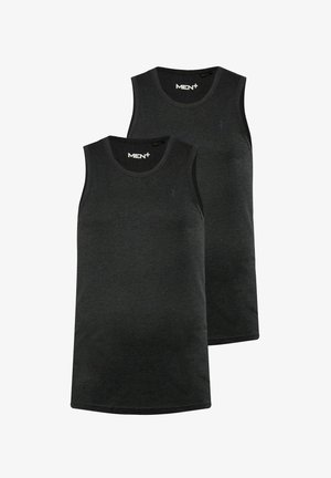 To sorte herretanktoppe lavet af blødt stof, med rund hals, ærmeløs design og subtil logo-detalje på brystet.