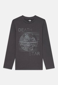 Langärmeliges graues T-Shirt mit einem Grafikdesign des Todessterns und dem weißen Text "DEATH" und "STAR", aus glattem Stoff.