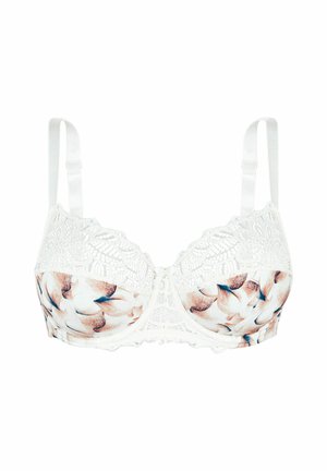 Soutien-gorge en dentelle blanche avec un motif floral aux tons beige et bleu. Bretelles ajustables et bordure en dentelle détaillée le long des bonnets.
