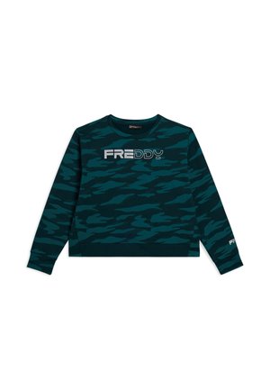 Felpa verde mimetica con colletto a girocollo, polsini e orlo a costine. Presenta il logo "FREDDY" in argento sul petto. Tessuto morbido.