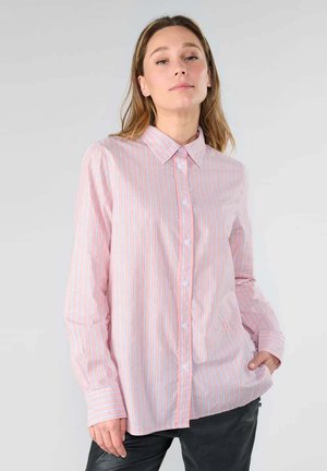 Long-sleeve button-up shirt in pink and blue vertical stripes, featuring a collar, light fabric, and a relaxed fit with button cuffs.