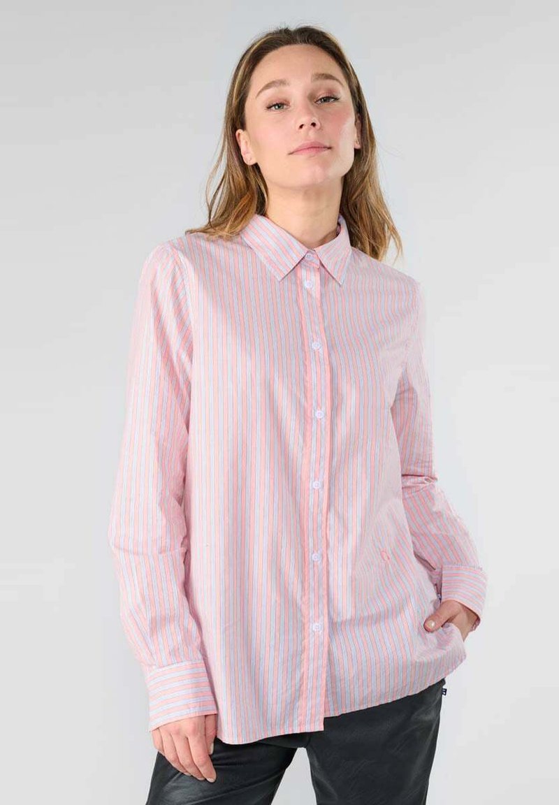 Long-sleeve button-up shirt in pink and blue vertical stripes, featuring a collar, light fabric, and a relaxed fit with button cuffs.