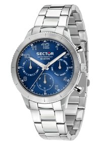 Orologio in acciaio inox argento con quadrante blu, tre subquadranti e display giorno/data. Presenta lancette luminose e resistenza all'acqua fino a 50 metri.