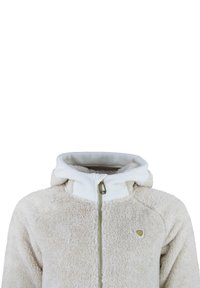 Beige fleecejakke med hvid hætte og foring, guld lynlås og logo-detail på brystet. Blød tekstur med en tætsiddende pasform.