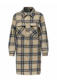 Vestido camisa de cuadros en beige y marrón con detalles en azul. Confeccionado en tela suave, cuenta con cuello con solapa, dos bolsillos en el pecho y cierre de botones.