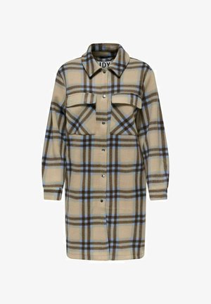 Skjortekjole med tern i beige og brunt med blå accenter. Fremstillet af blødt stof, med krave, to brystlommer og knaplukning.