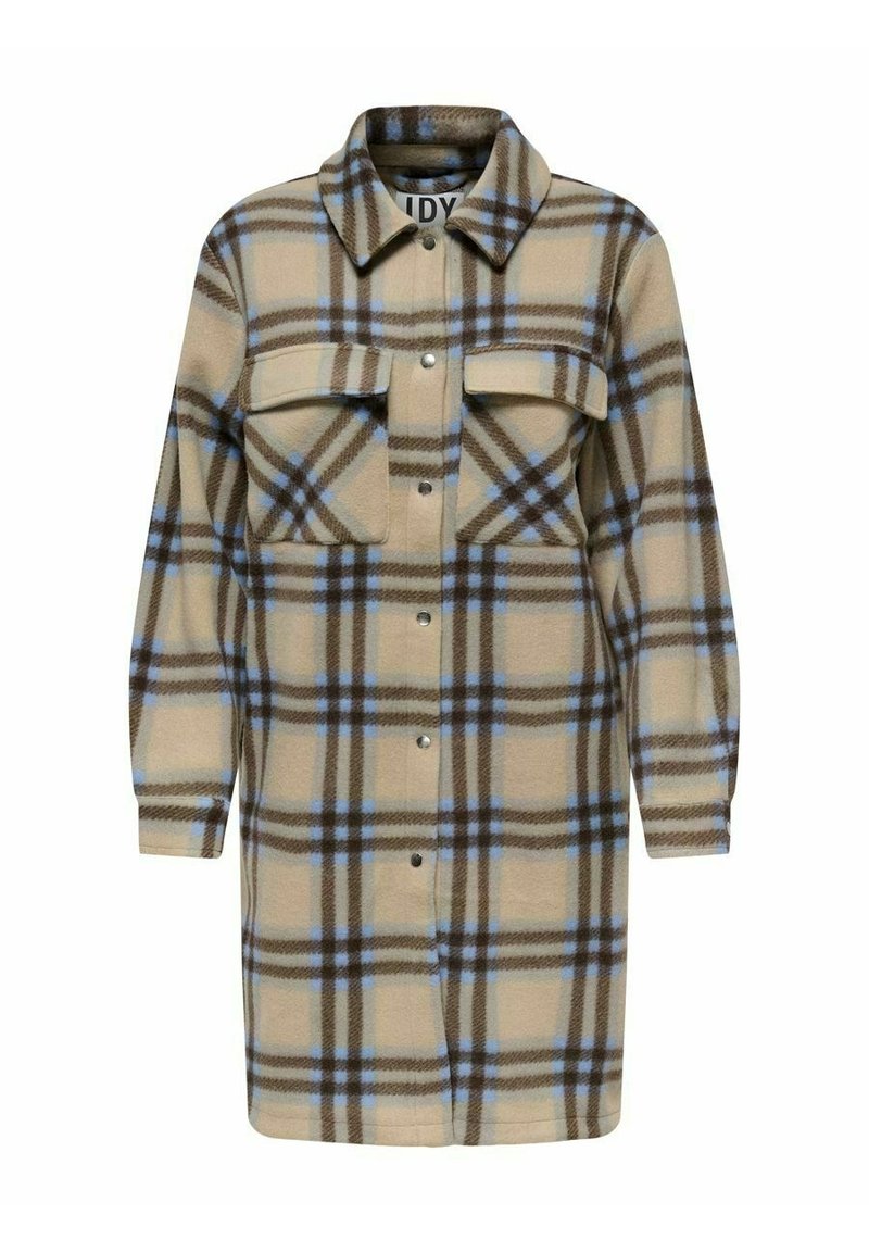 Vestido camisa de cuadros en beige y marrón con detalles en azul. Confeccionado en tela suave, cuenta con cuello con solapa, dos bolsillos en el pecho y cierre de botones.