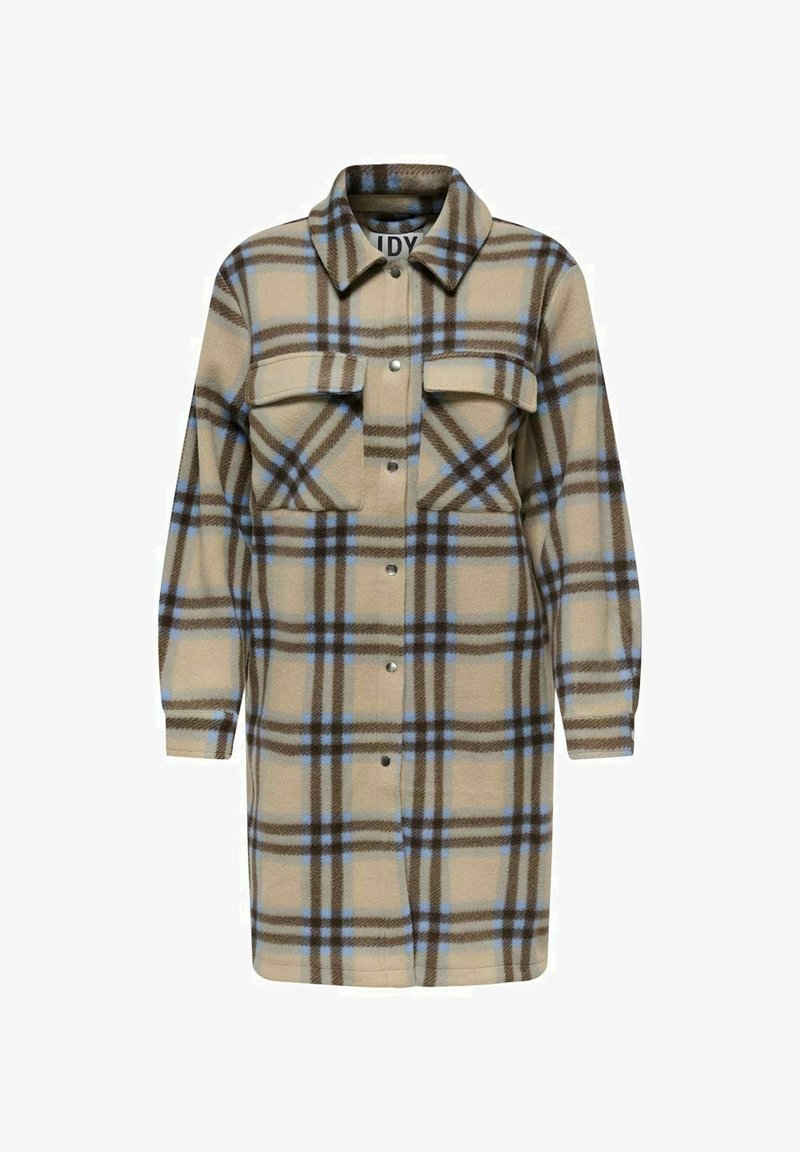 Vestido camisa de cuadros en beige y marrón con detalles en azul. Confeccionado en tela suave, cuenta con cuello con solapa, dos bolsillos en el pecho y cierre de botones.