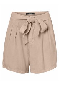Beige shorts tillverkade av lättviktig tyg, med en framåtbåg knut och veck. Designen är löst sittande med en fåll som slutar över knäet.
