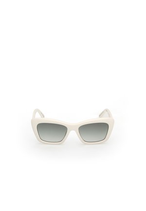 Sunglasses with a cat-eye design, white plastic frame, gray gradient lenses, and thin temples featuring subtle branding detail.