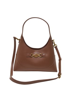 Sac à main en cuir marron avec ferrures dorées, logo Replay de marque, poignée courte et bandoulière longue amovible.