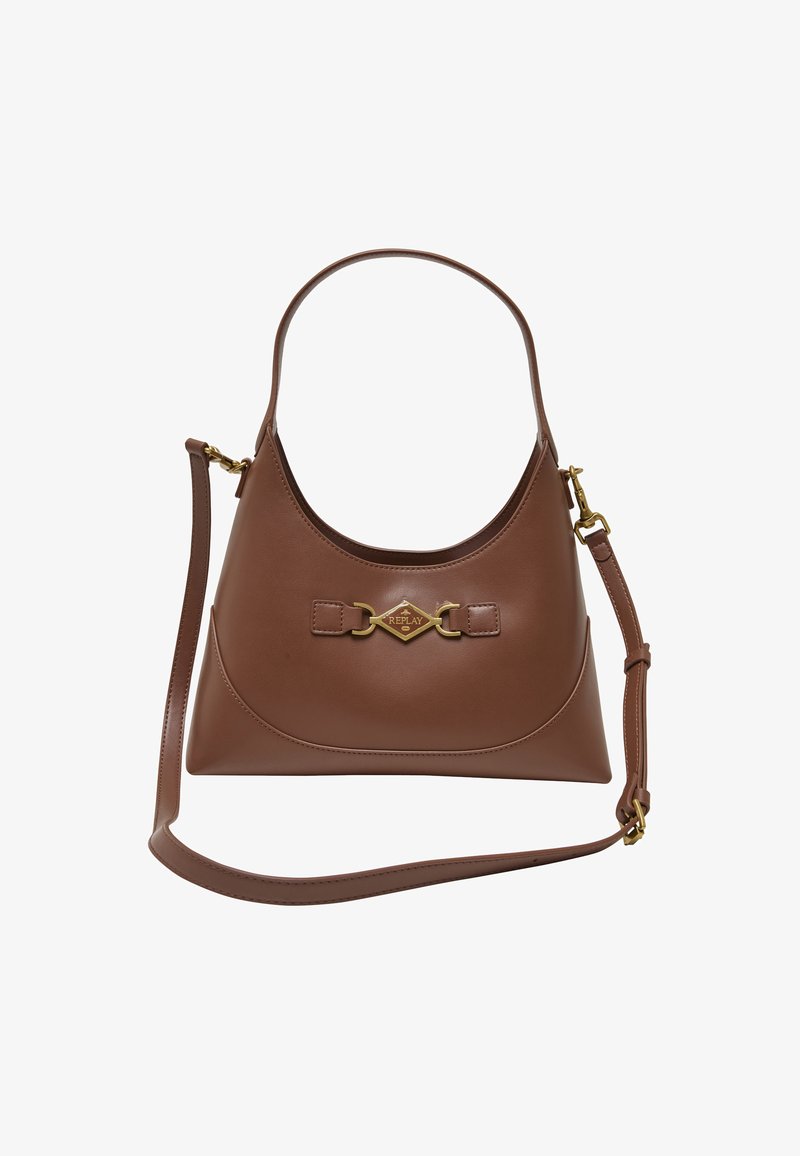 Sac à main en cuir marron avec ferrures dorées, logo Replay de marque, poignée courte et bandoulière longue amovible.