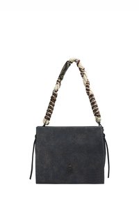 Sac à main en simili cuir bleu foncé avec une poignée en tissu tressé. Présente un emblème de crâne et un design plat. Surface texturée avec des accents minimaux.