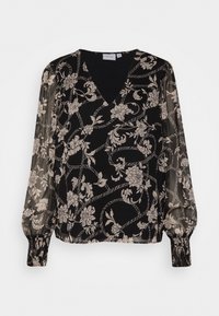 Blusa nera con maniche lunghe trasparenti, motivo floreale in beige, scollo a V, polsini arricciati, tessuto leggero e vestibilità morbida.