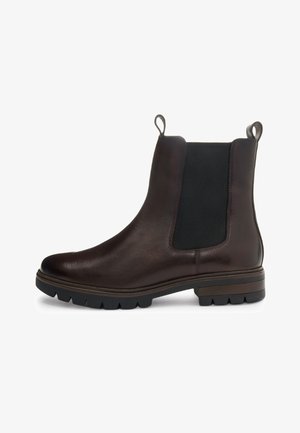 Dark brown leather Chelsea boot with black elastic side panels, pull tabs on front and back, and chunky black rubber sole.