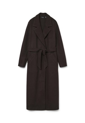Manteau en laine brun foncé avec une silhouette longue, grands revers, une ceinture à nouer à la taille et deux poches à l'avant. Fabriqué en tissu doux et texturé.