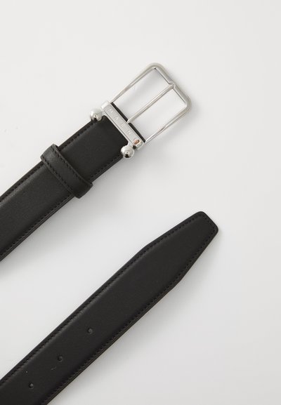 Black leather belt with a silver rectangular buckle featuring two ball accents. Smooth texture, straight edges, and multiple sizing holes.