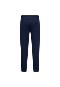 Navyblauwe joggingbroek van zachte stof, met een taps toelopende pasvorm, elastische boorden, een elastische tailleband en een enkele opgestikte zak op de achterkant.