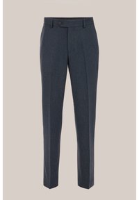 Pielāgotas tumši zilas bikses ar smalku rūtainu rakstu, priekšpusē aizdarāmas ar pogu, ar divām sānu kabatām un taisnu bikšu kāju dizainu.