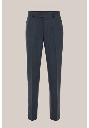 Maßgeschneiderte dunkelblaue Hose mit einem dezenten Karomuster, ausgestattet mit einem vorderen Knopfverschluss, zwei Seitentaschen und einem geraden Bein.