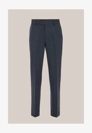 Maßgeschneiderte dunkelblaue Hose mit einem dezenten Karomuster, ausgestattet mit einem vorderen Knopfverschluss, zwei Seitentaschen und einem geraden Bein.