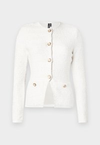 Λευκό ζακέτα με υφασμάτινη υφή, στρογγυλή λαιμόκοψη, κλείσιμο με κουμπιά μπροστά και δύο μπροστινές τσέπες με χρυσαφί κουμπιά.