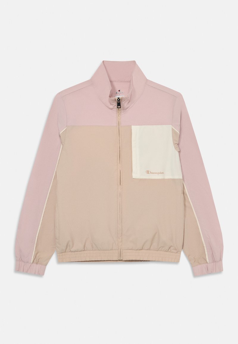 Giacca leggera con zip nei colori rosa e beige a blocchi. Caratterizzata da un colletto alto, polsini elasticizzati e una tasca frontale con accento del logo.