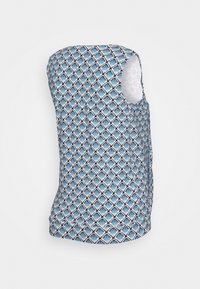 Top sem mangas com um padrão de diamante azul sobre um tecido texturizado. Apresenta um decote redondo e uma bainha curva, com uma camada interna sólida branca.
