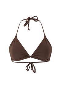 Brauner Triangel-Bikini-Oberteil mit verstellbaren Bindebändern am Hals und am Rücken, das zarte Raffung entlang der Kanten und minimalistische Hardware-Akzente aufweist.