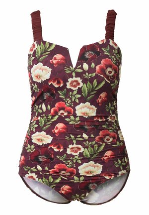 Eendelig badpak met geplooide bandjes en een bordeauxrode achtergrond, met een bloemenpatroon met rode, witte en groene bloemen en bladeren.