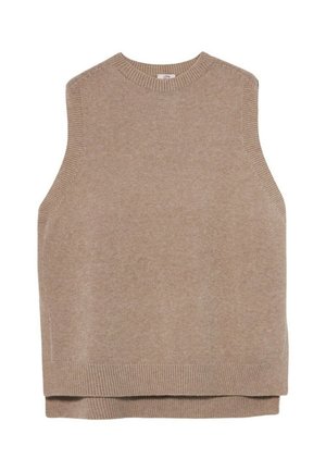 Maglione senza maniche beige in maglia con scollo rotondo, caratterizzato da bordo e dettagli laterali a coste. Tessuto morbido, vestibilità comoda e design minimalista.