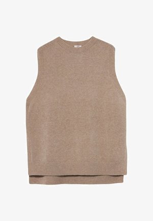 Beige knit sleeveless sweater with a crew neck, featuring ribbed hem and side details. Soft texture, relaxed fit, and minimal design.